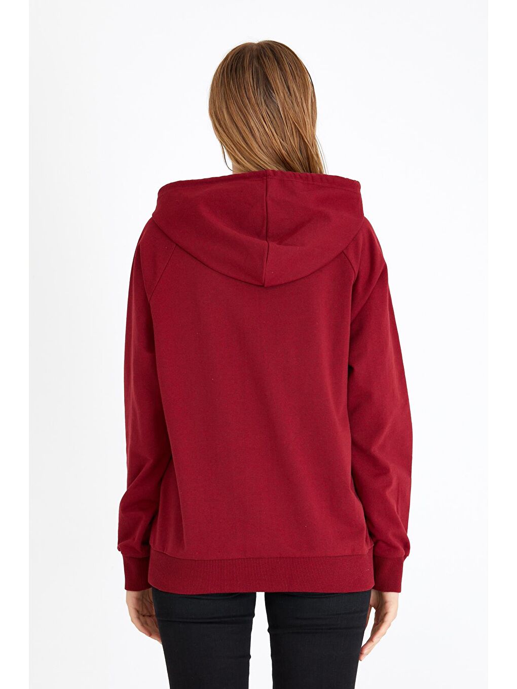 MMETALIC Bordo Metalic Kadın Bordo Kapüşonlu Basic Örme Sweatshirt - 5