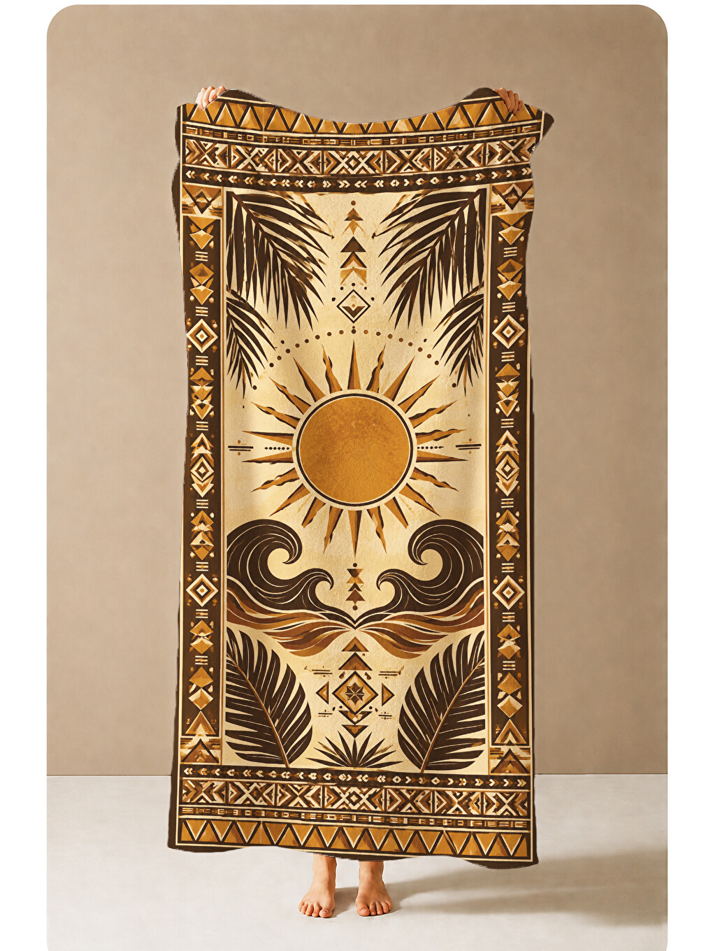 Vintage Siyah Altın Güneş Ve Dalga Desenli 70x150 Plaj Havlusu - Dijital Baskılı Banyo Havlusu-1