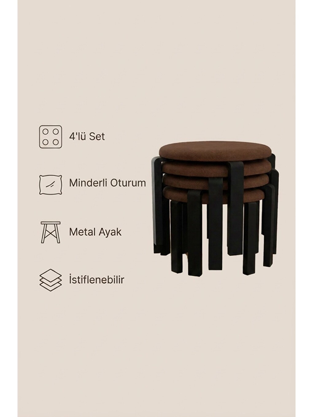 Kahverengi Mila 4'lü Puf Seti | Yuvarlak Minderli Tabure, Metal Ayak, İstiflenebilir, Kahve-7