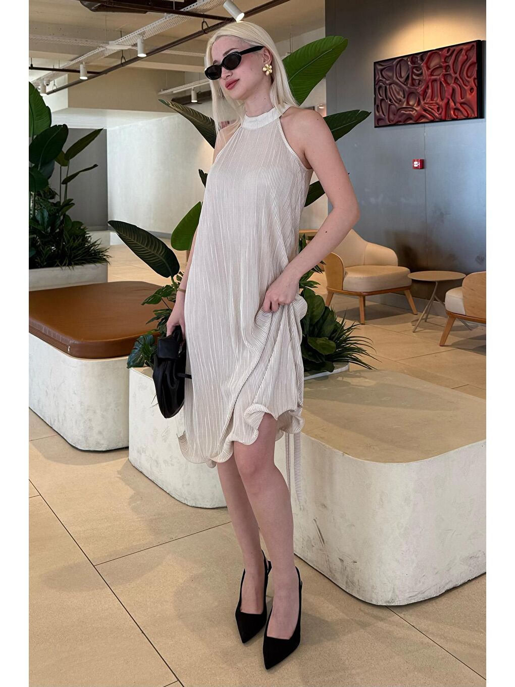 Bej Taş Rengi Halter Yaka Kadın Elbise Mg2351