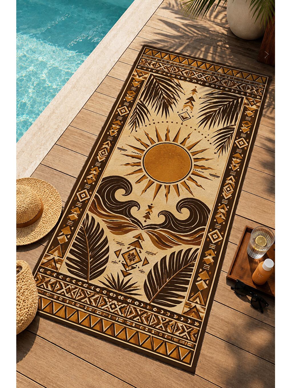 Vintage Siyah Altın Güneş Ve Dalga Desenli 70x150 Plaj Havlusu - Dijital Baskılı Banyo Havlusu-3