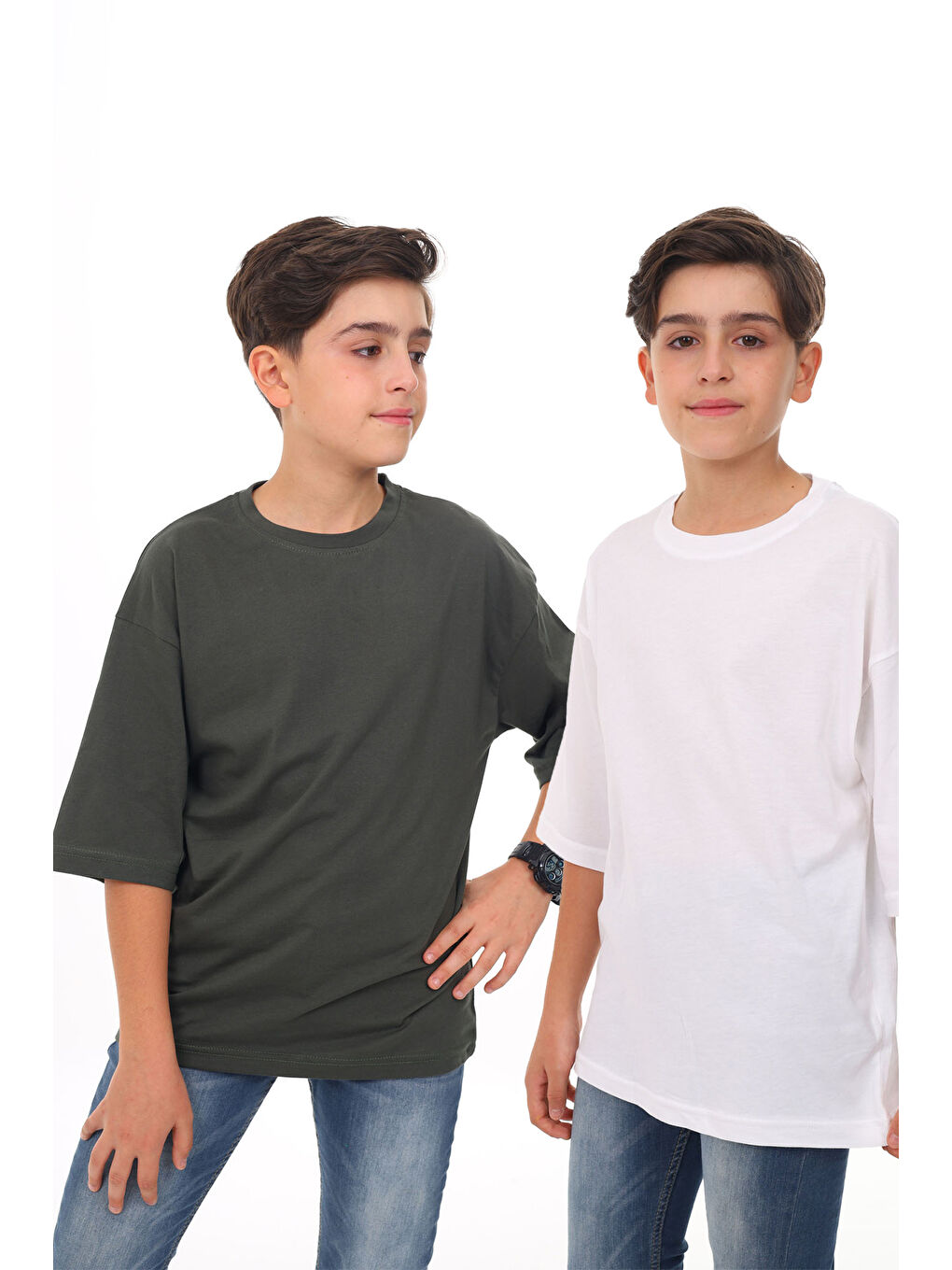 Haki - Beyaz Düz Bisiklet Yaka 2'li Erkek Tişört 18046