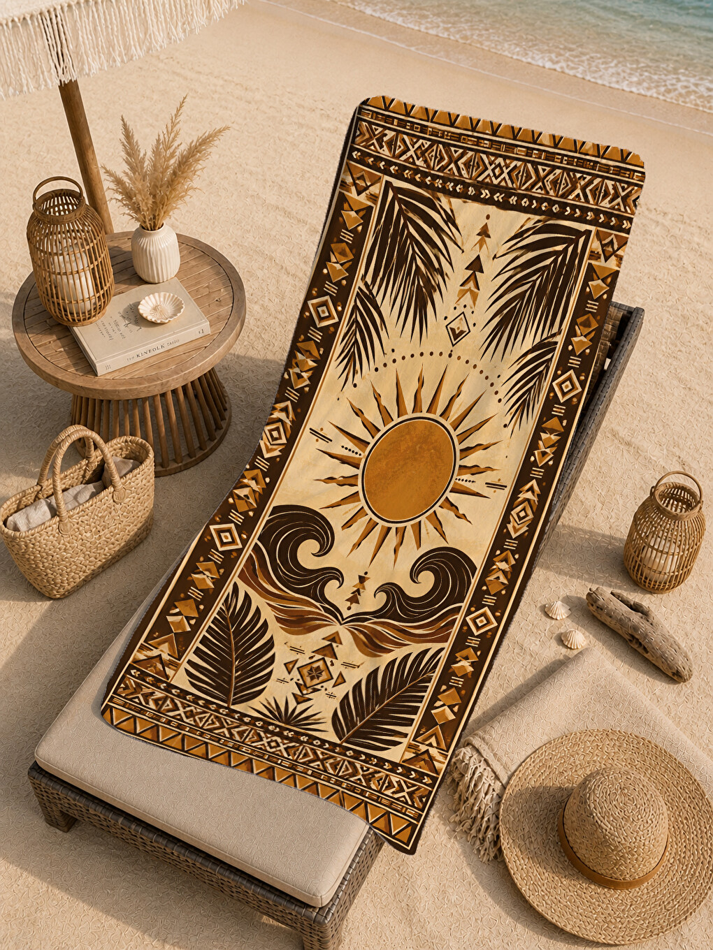 Vintage Siyah Altın Güneş Ve Dalga Desenli 70x150 Plaj Havlusu - Dijital Baskılı Banyo Havlusu-4