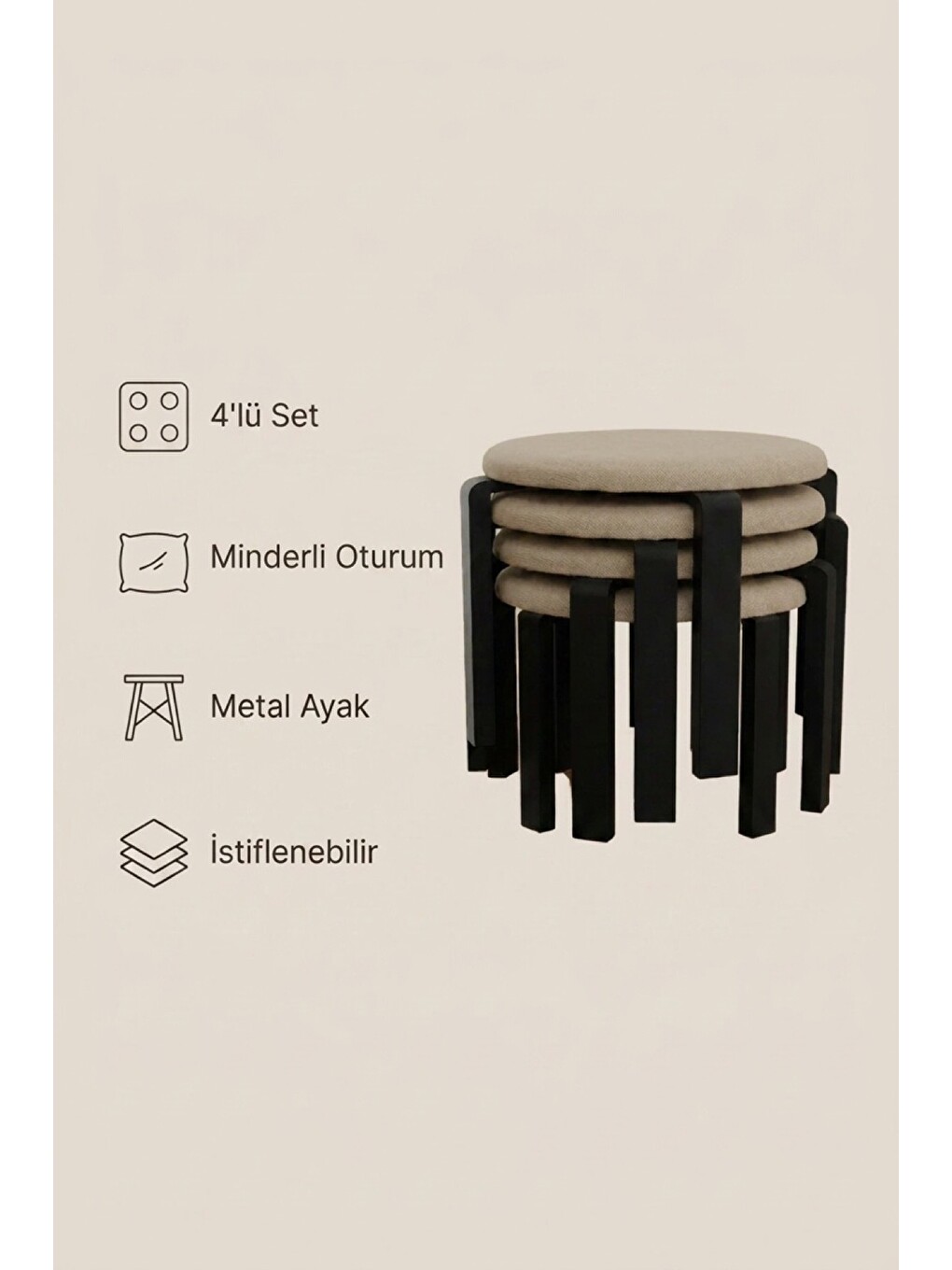 Mila 4'lü Puf Seti | Yuvarlak Minderli Tabure, Metal Ayak, İstiflenebilir, Bej-7