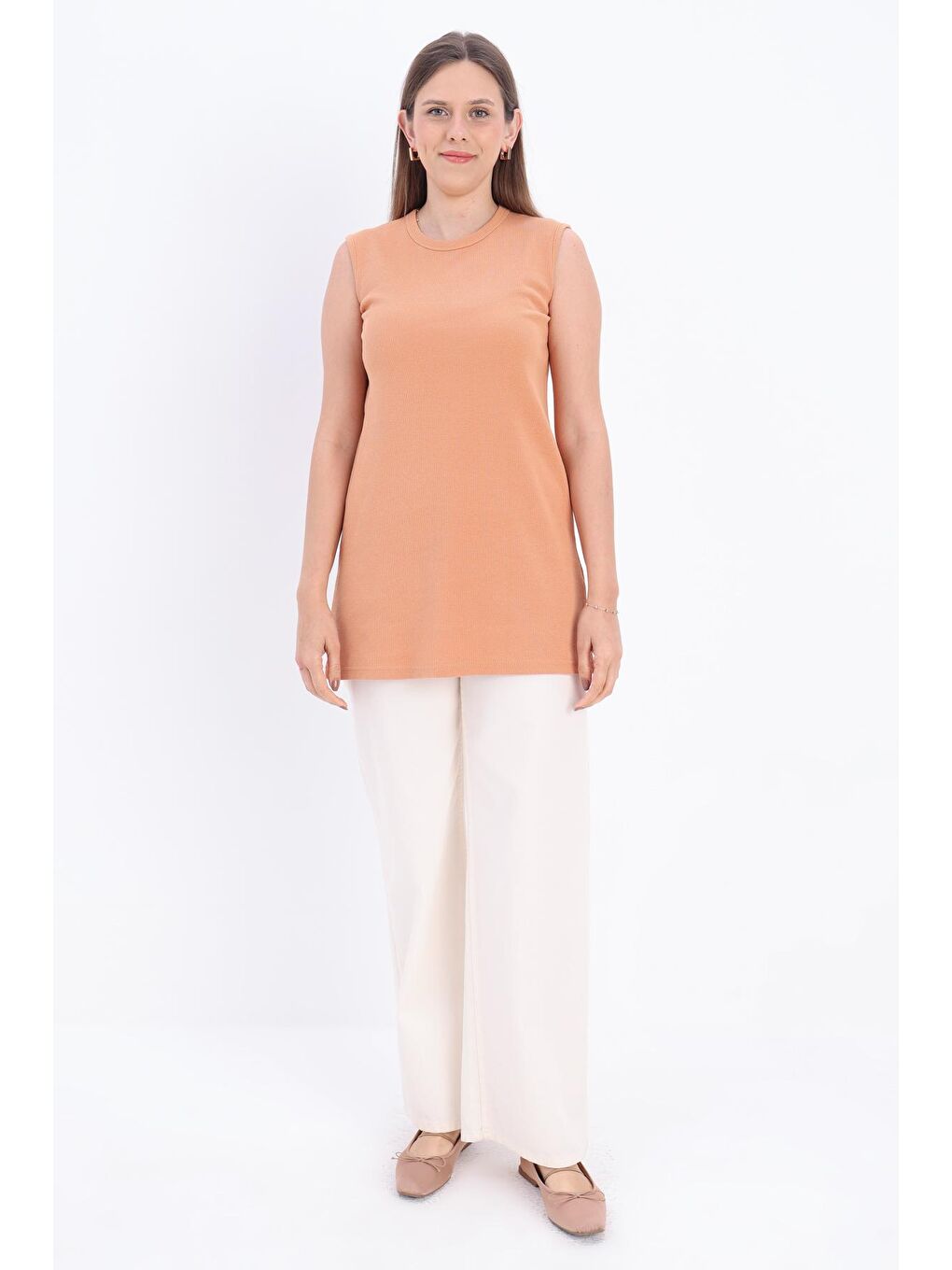 Kahverengi Açık Kiremit Pamuklu Fitilli Kolsuz Tişört-1