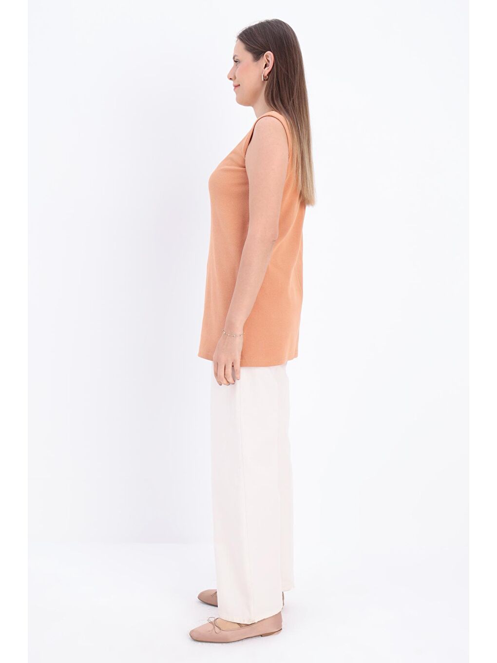 Kahverengi Açık Kiremit Pamuklu Fitilli Kolsuz Tişört-2