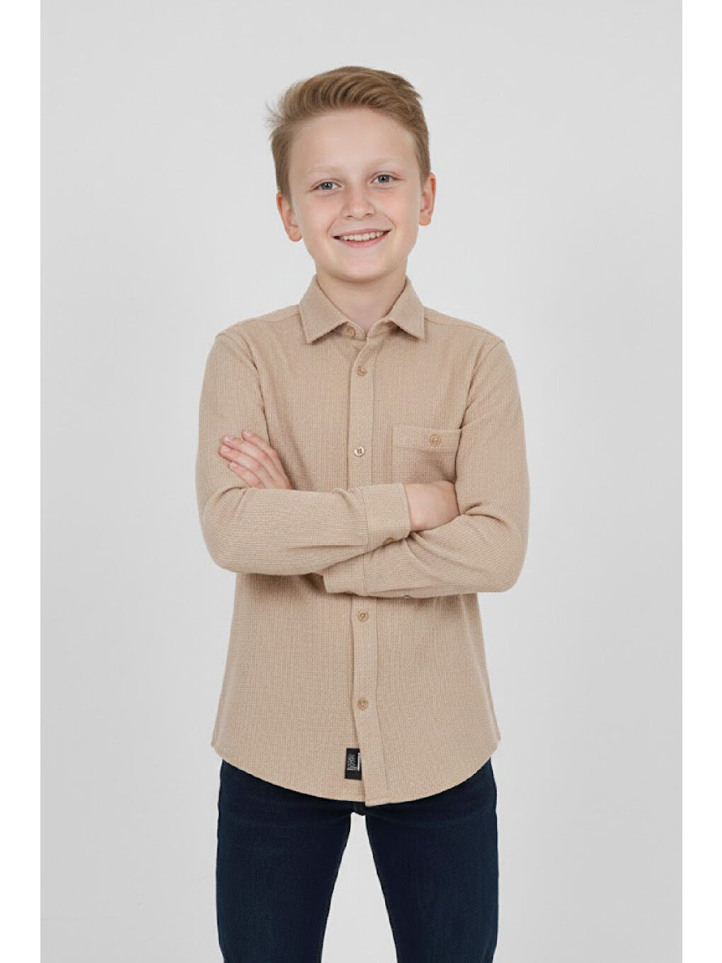 Ekru Erkek Çocuk %100 Waffle Pamuk Gömlek 3-12 Yaş 12521HC