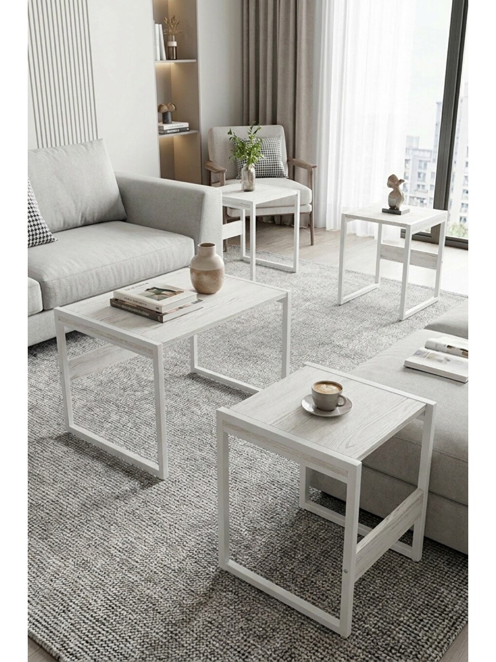 Mira 4'lü Zigon Sehpa | Suntalam, Metal Ayak, İç İçe Geçen Modern Sehpa, Beyaz-3