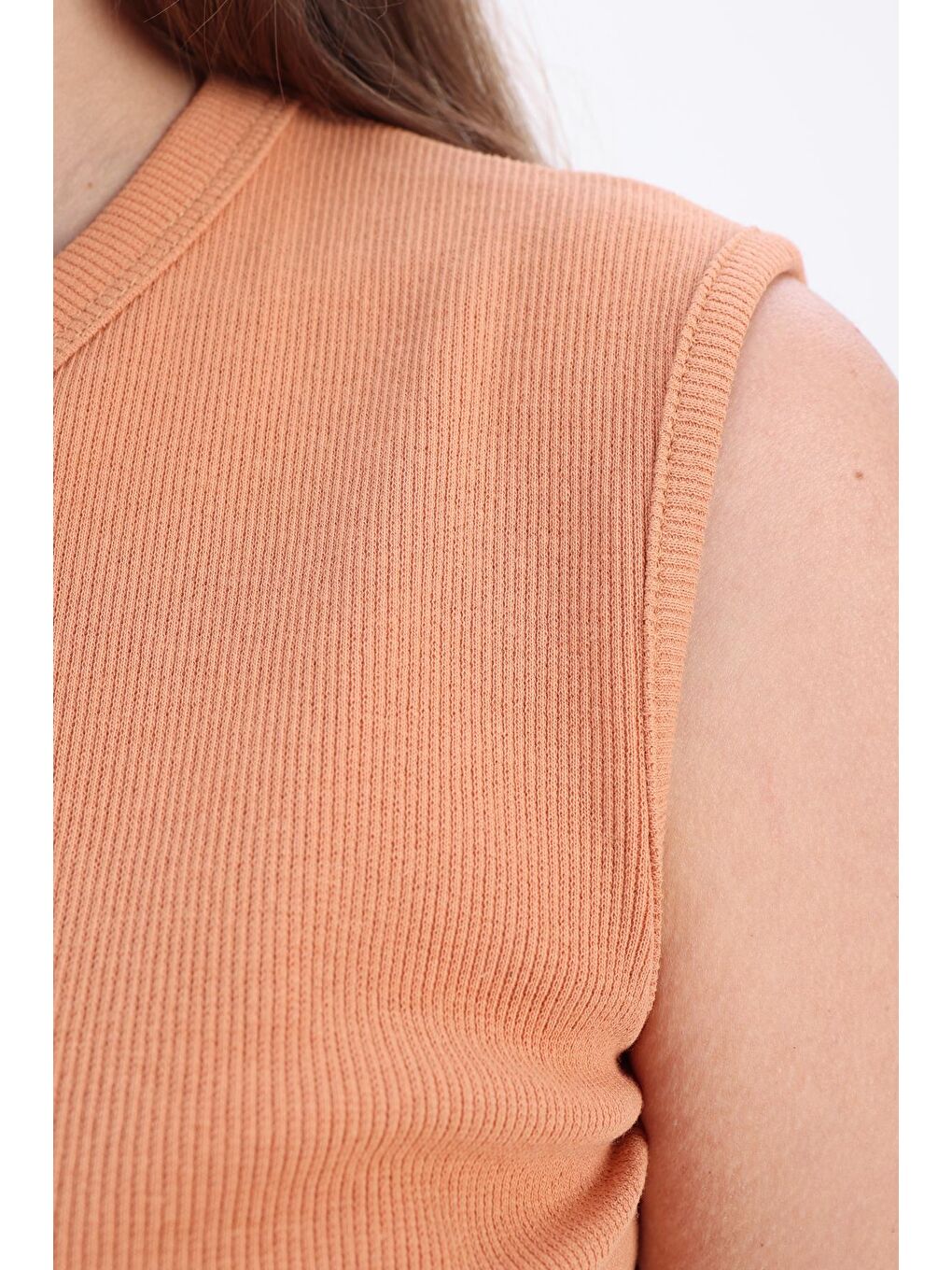 Kahverengi Açık Kiremit Pamuklu Fitilli Kolsuz Tişört-4