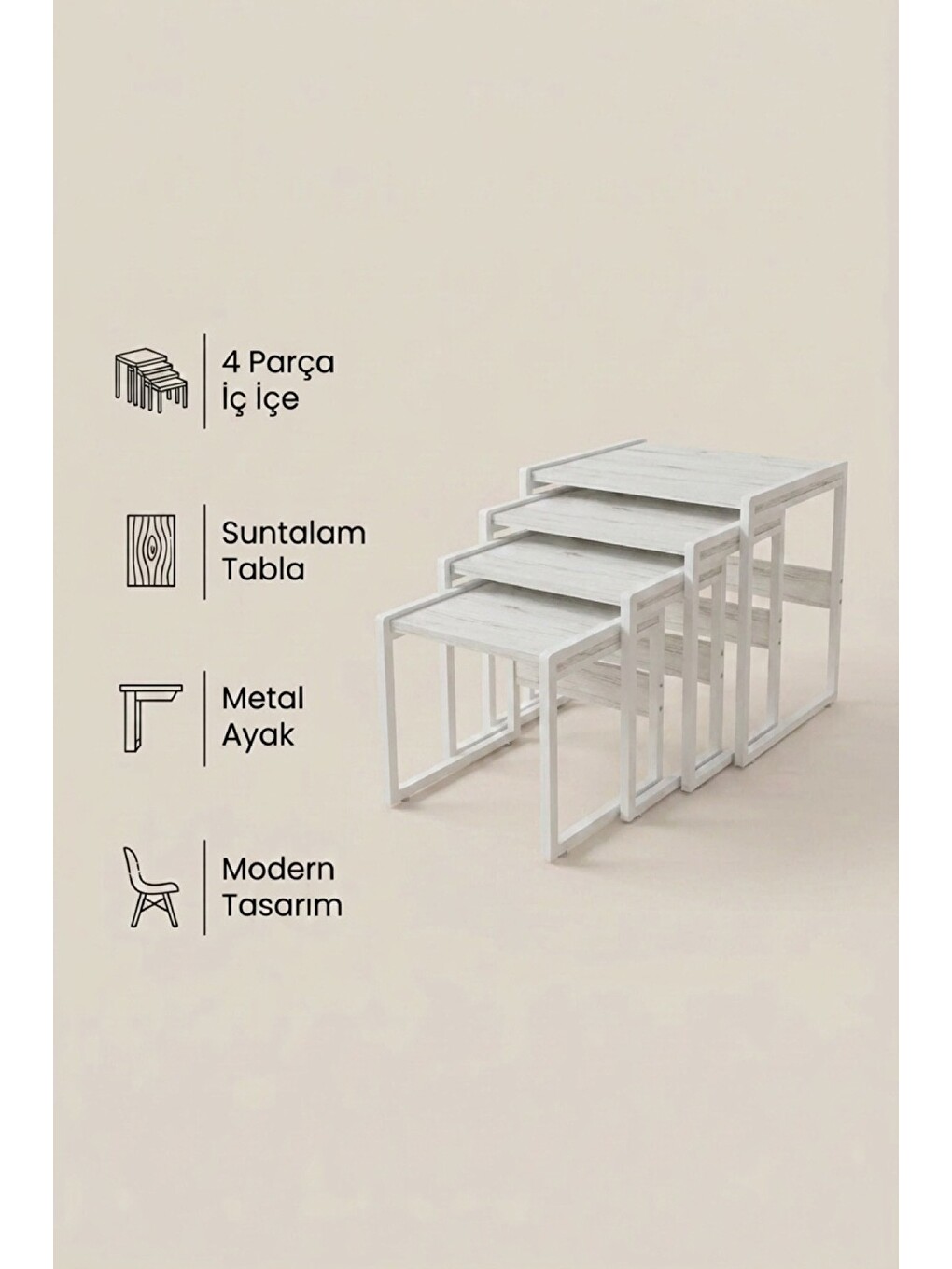 Mira 4'lü Zigon Sehpa | Suntalam, Metal Ayak, İç İçe Geçen Modern Sehpa, Beyaz-7