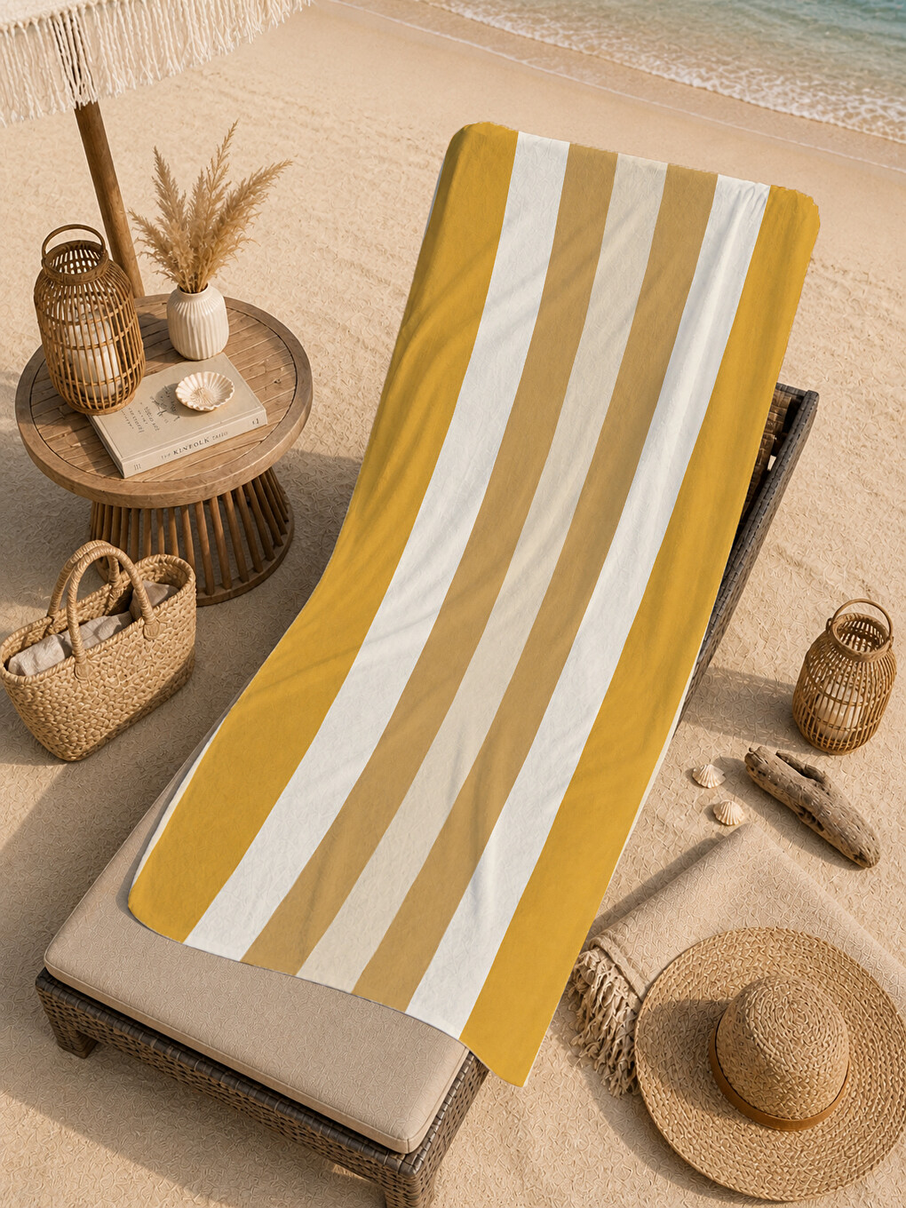 Sarı Retro Hardal Krem Dalgalı Kalın Çizgili Desenli 70x150 Plaj Havlusu - Pamuklu Banyo Havlusu-1