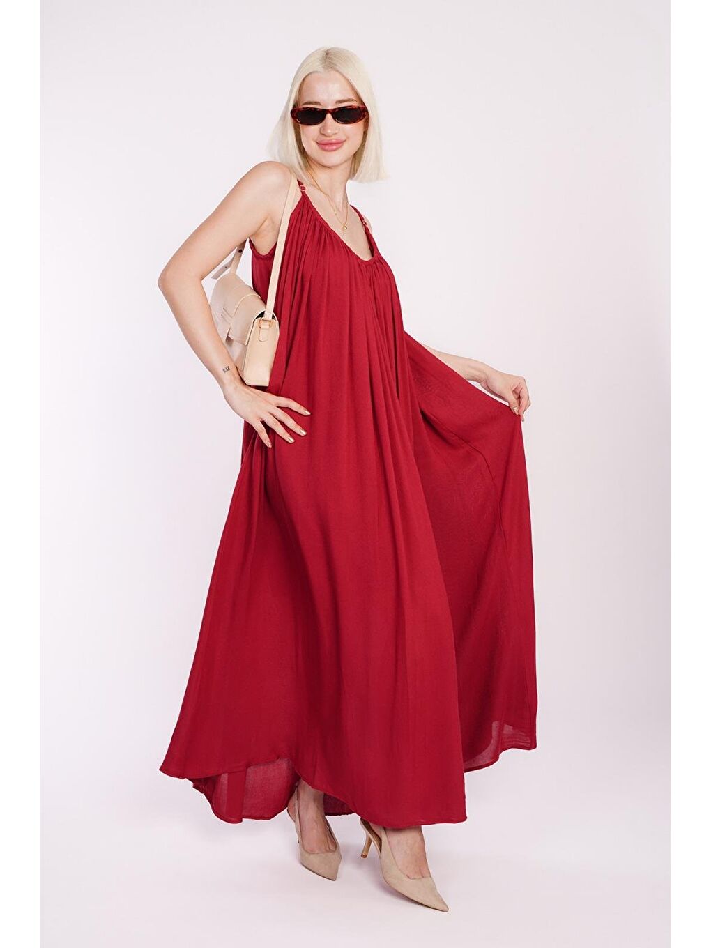 Bordo Halter Yaka Yırtmaç Detaylı Desenli Uzun Elbise Mg2162-1