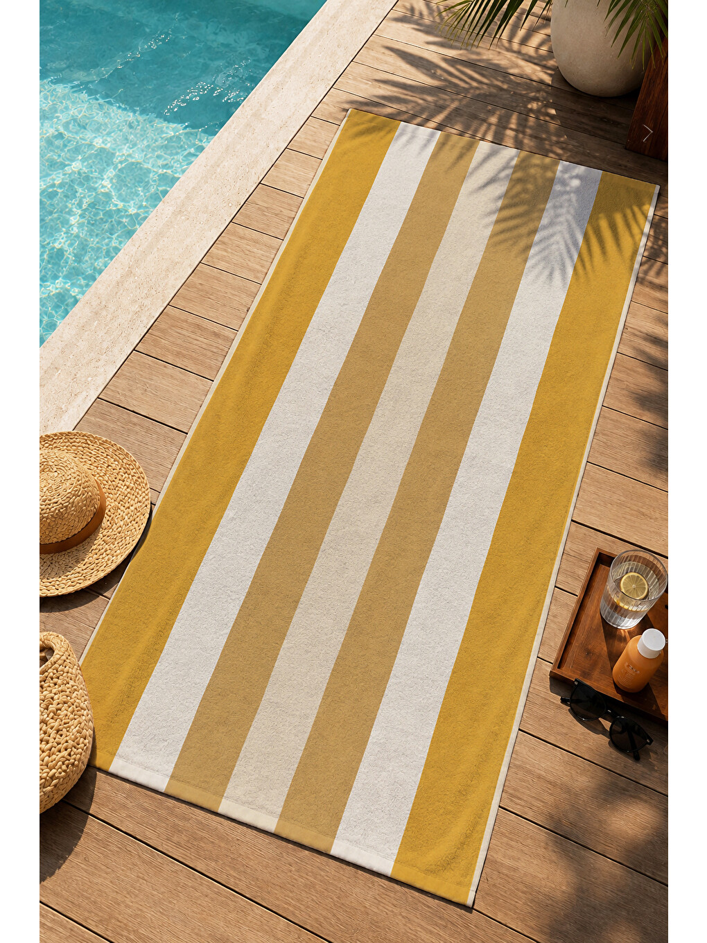 Sarı Retro Hardal Krem Dalgalı Kalın Çizgili Desenli 70x150 Plaj Havlusu - Pamuklu Banyo Havlusu-3