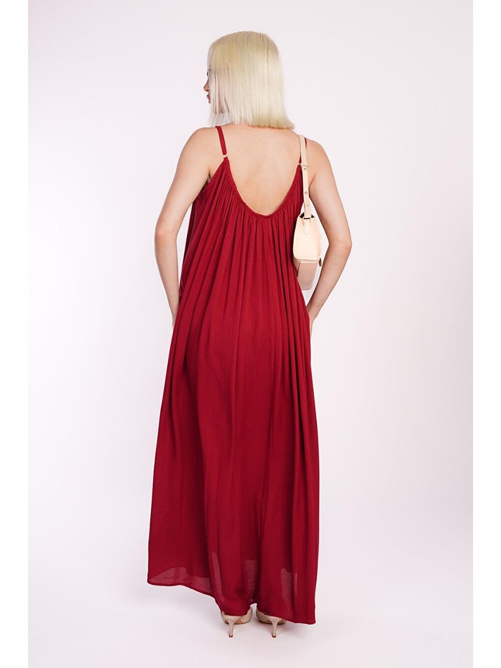 Bordo Halter Yaka Yırtmaç Detaylı Desenli Uzun Elbise Mg2162-2