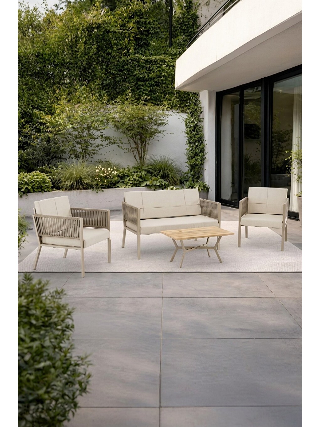 Ekru Lido Bahçe & Balkon Oturma Takımı | İp Örgü Metal Karkas, 2+2 Koltuk, Teak Sehpa-1