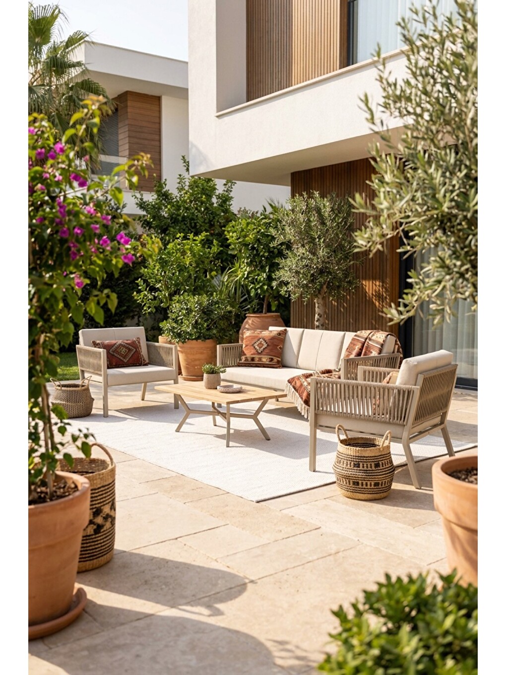 Ekru Lido Bahçe & Balkon Oturma Takımı | İp Örgü Metal Karkas, 2+2 Koltuk, Teak Sehpa-2