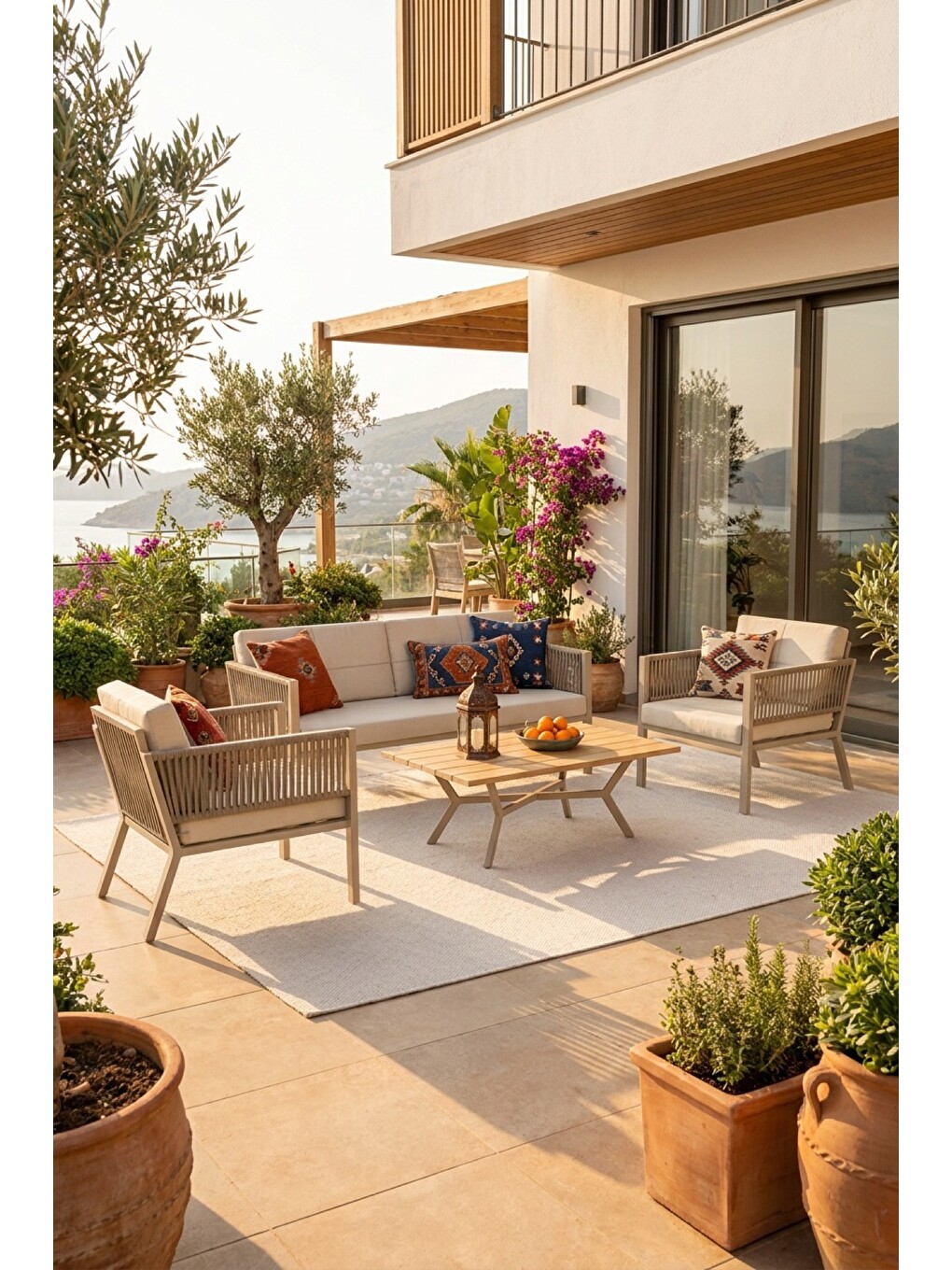 Ekru Lido Bahçe & Balkon Oturma Takımı | İp Örgü Metal Karkas, 2+2 Koltuk, Teak Sehpa-3