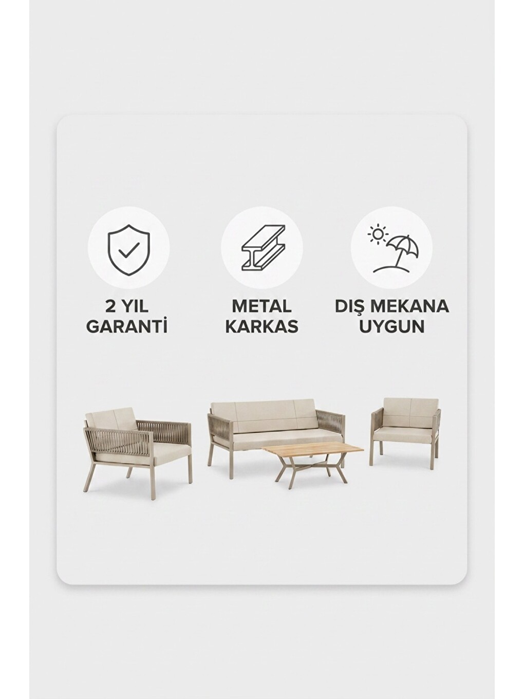 Ekru Lido Bahçe & Balkon Oturma Takımı | İp Örgü Metal Karkas, 2+2 Koltuk, Teak Sehpa-4