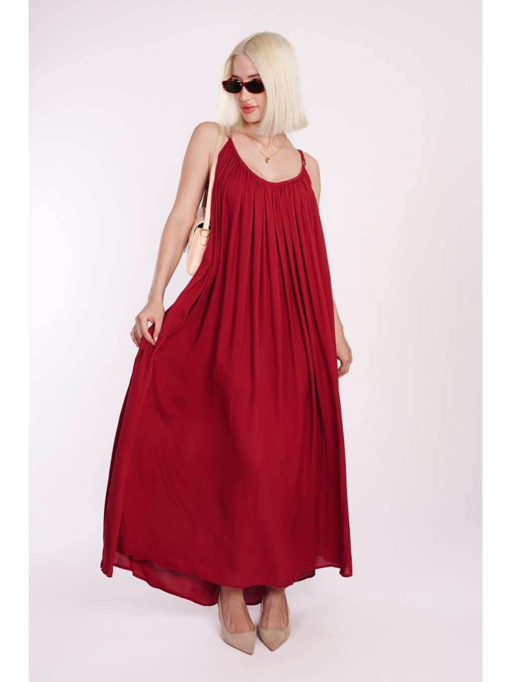 Bordo Halter Yaka Yırtmaç Detaylı Desenli Uzun Elbise Mg2162-3