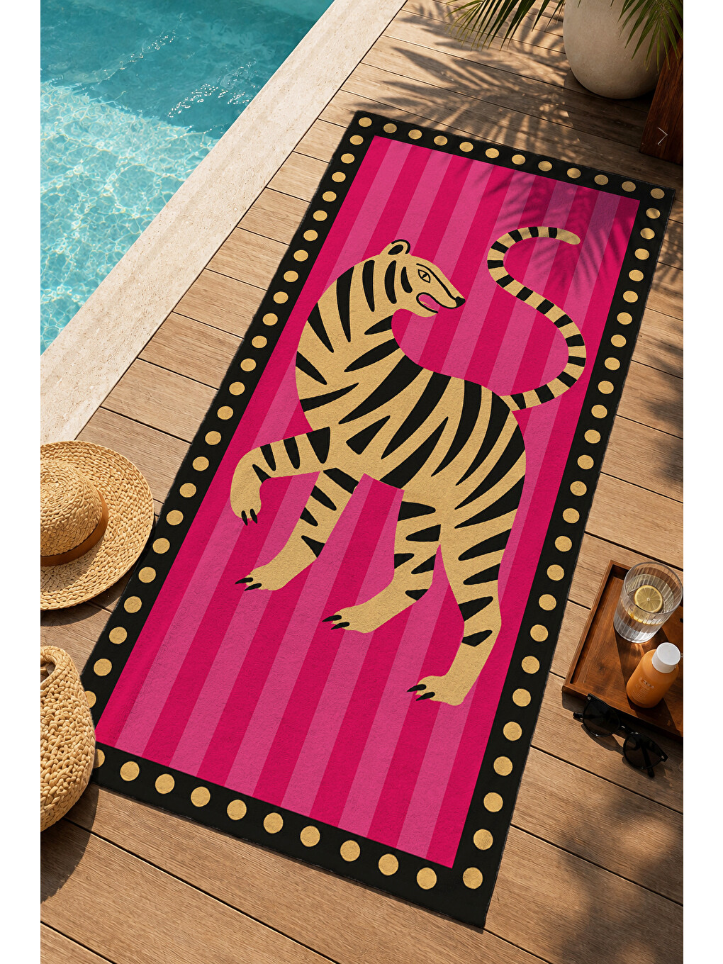 Retro Pop Art Fuşya Zebra Figürlü Çizgili Desenli 70x150 Plaj Havlusu - Pamuklu Banyo Havlusu