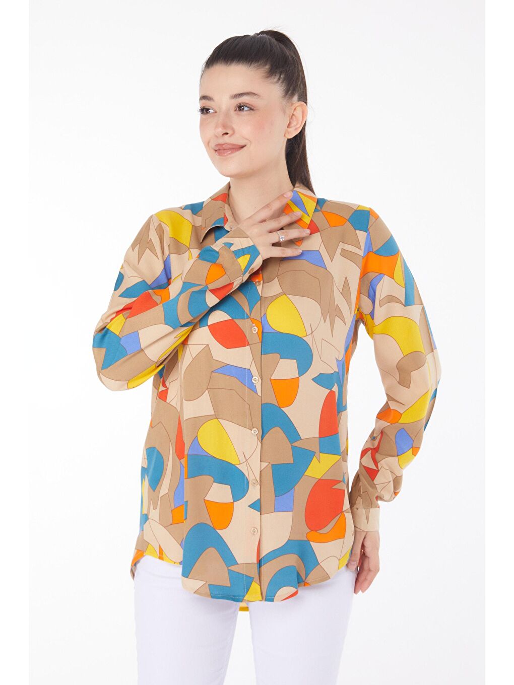 Bej Gömlek Yaka Kadın Vizon Desenli Gömlek - 25866