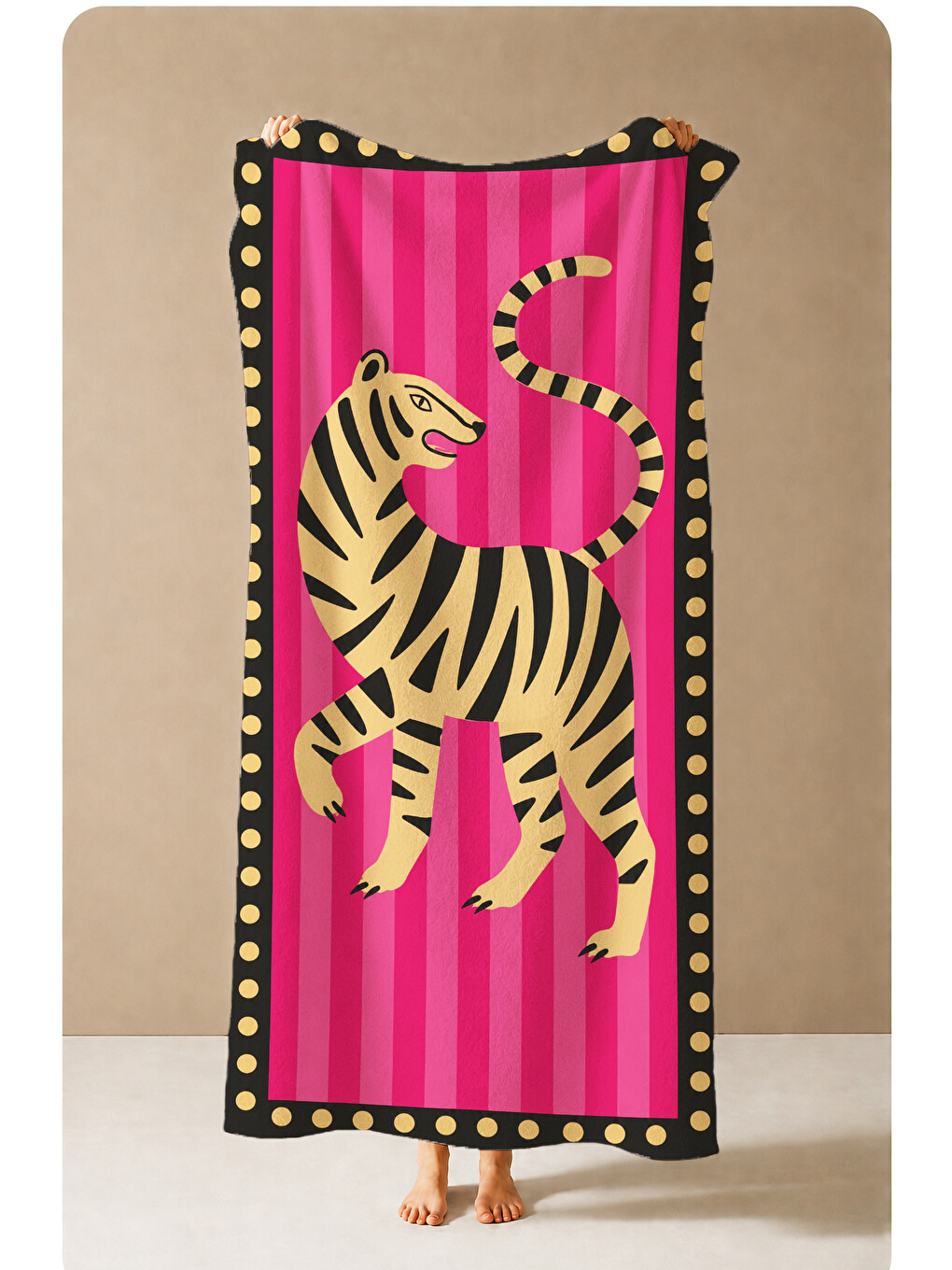 Retro Pop Art Fuşya Zebra Figürlü Çizgili Desenli 70x150 Plaj Havlusu - Pamuklu Banyo Havlusu-1