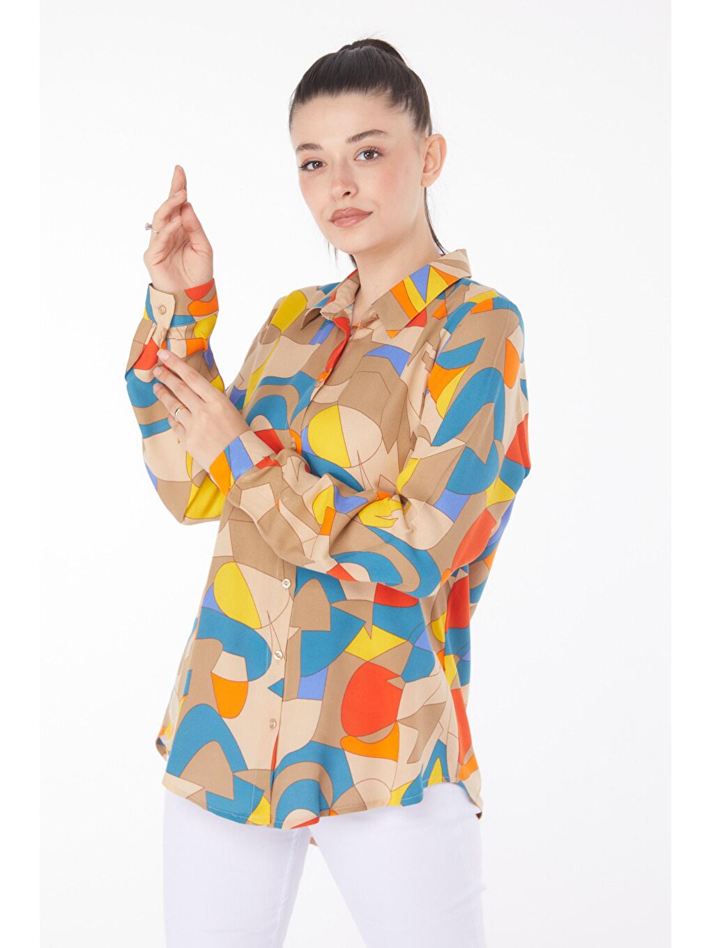 Bej Gömlek Yaka Kadın Vizon Desenli Gömlek - 25866-1