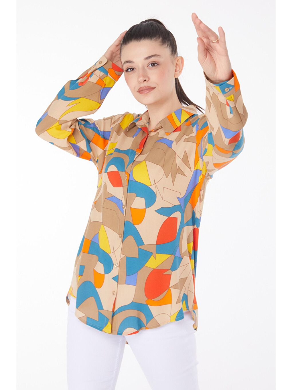 Bej Gömlek Yaka Kadın Vizon Desenli Gömlek - 25866-2
