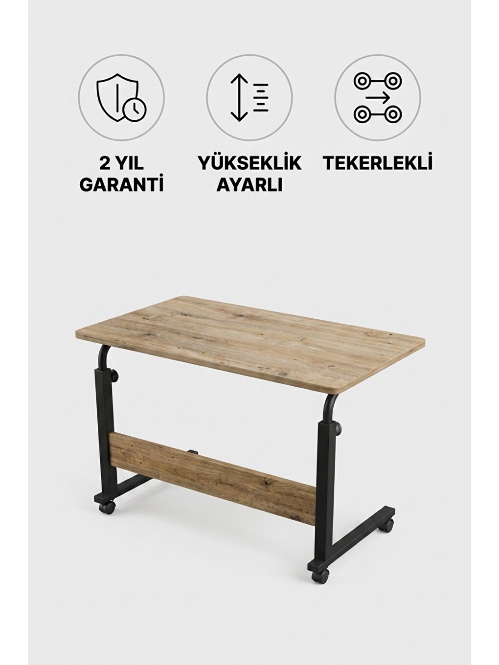 Kahverengi Piko Tekerlekli Laptop Sehpası | Ahşap Desenli, Yükseklik Ayarlı Yan Çalışma Sehpası-6