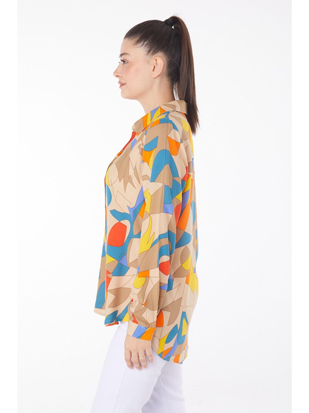 Bej Gömlek Yaka Kadın Vizon Desenli Gömlek - 25866-3