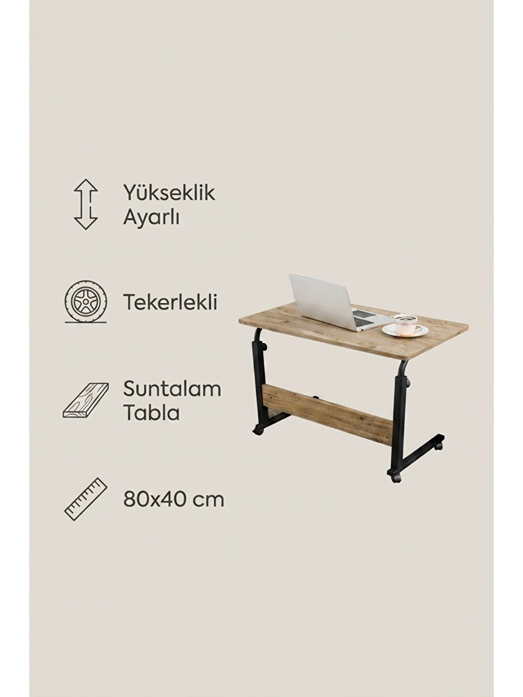 Kahverengi Piko Tekerlekli Laptop Sehpası | Ahşap Desenli, Yükseklik Ayarlı Yan Çalışma Sehpası-7