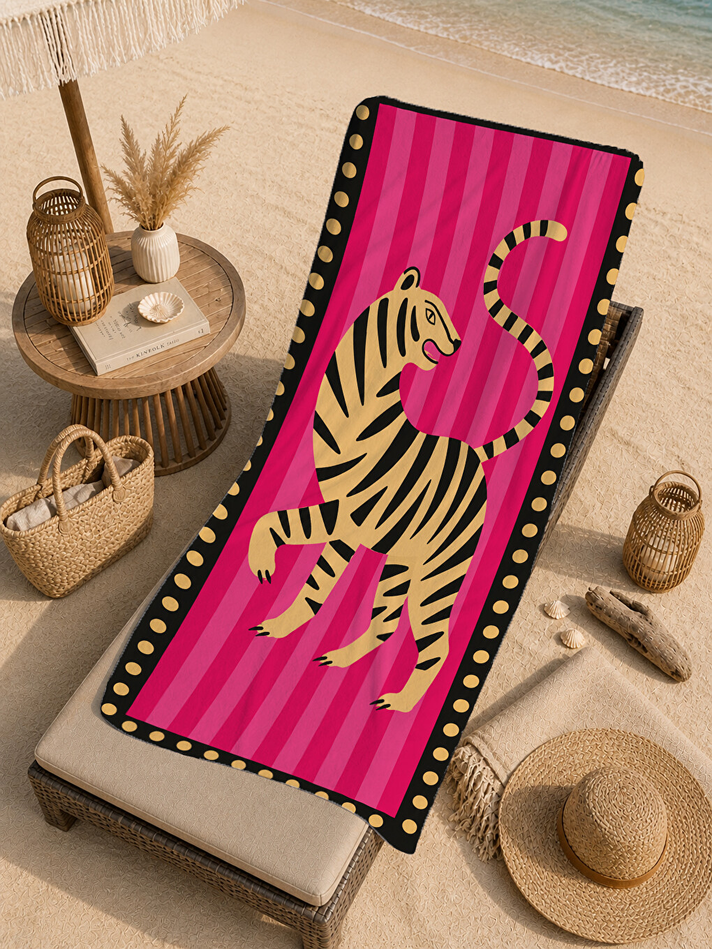 Retro Pop Art Fuşya Zebra Figürlü Çizgili Desenli 70x150 Plaj Havlusu - Pamuklu Banyo Havlusu-3