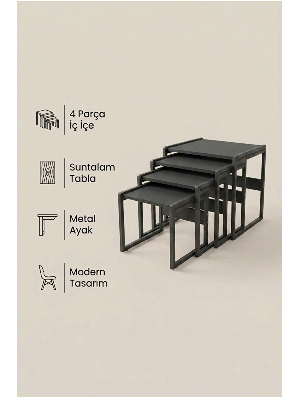 Mira 4'lü Zigon Sehpa | Antrasit Suntalam, Metal Ayak, İç İçe Geçen Modern Sehpa-7