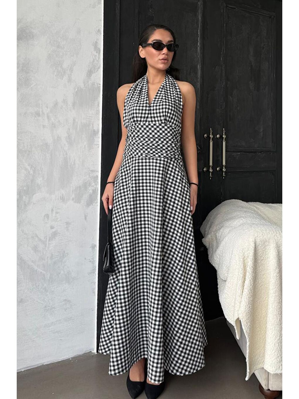 Siyah Ekoseli Midi Boy Kadın Elbise Mg2350-2