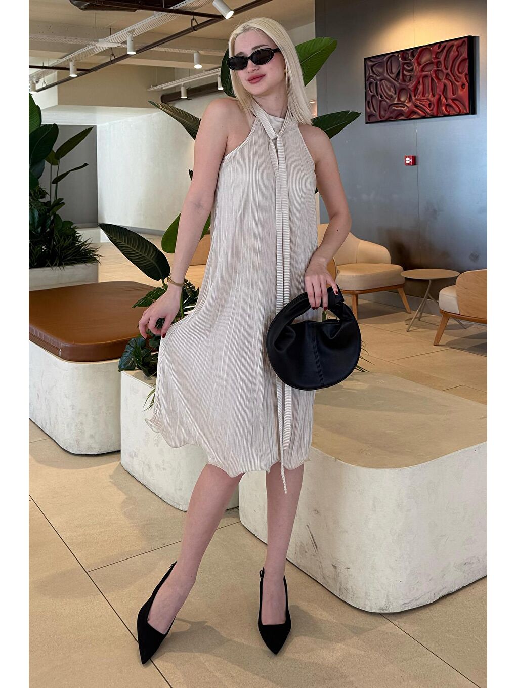 Bej Taş Rengi Halter Yaka Kadın Elbise Mg2351-2