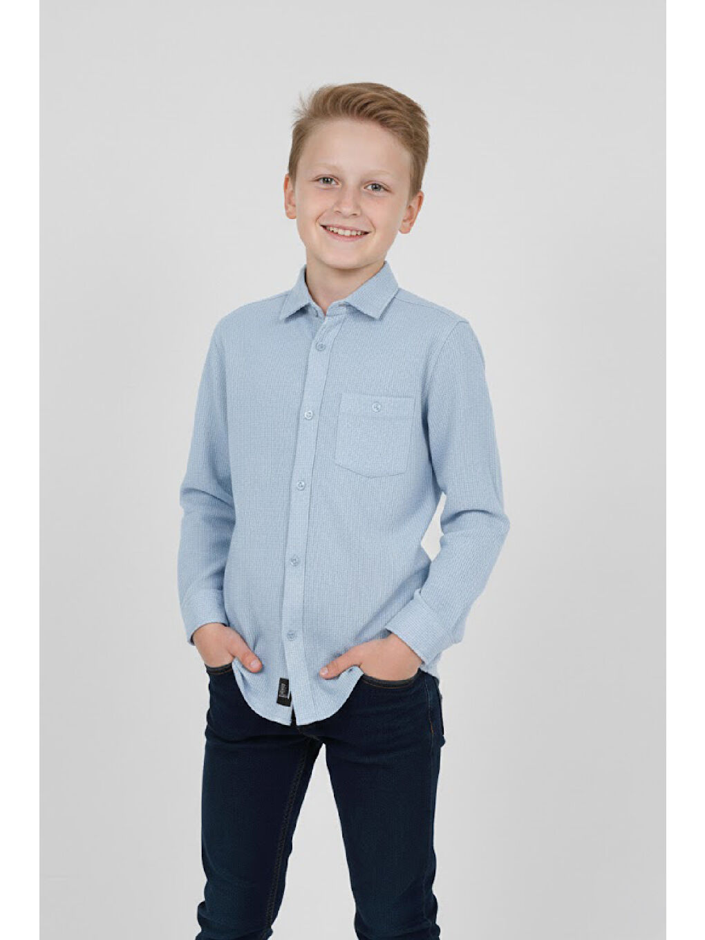 Mavi Erkek Çocuk %100 Waffle Pamuk Gömlek 3-12 Yaş 12521HC-1