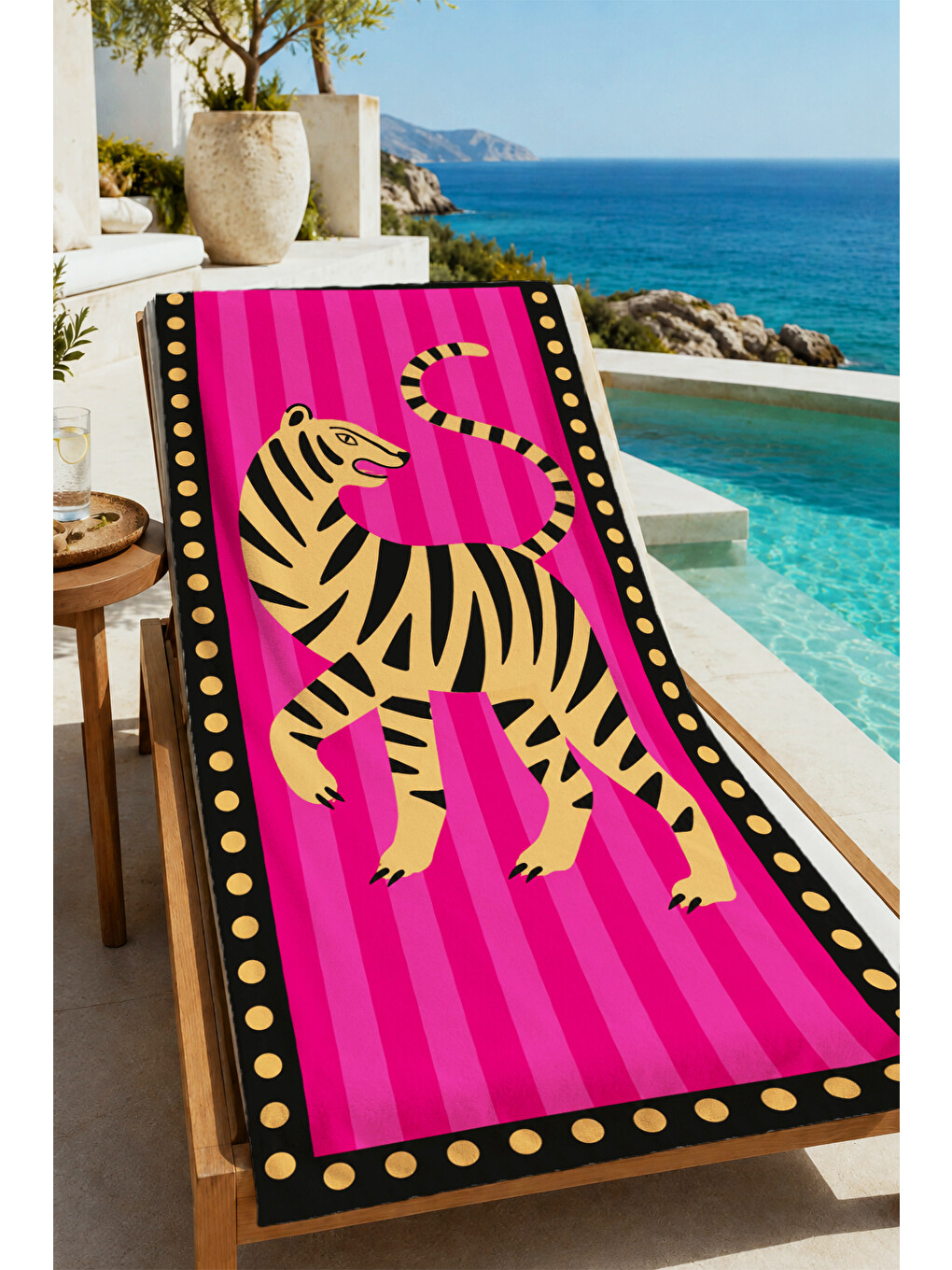 Retro Pop Art Fuşya Zebra Figürlü Çizgili Desenli 70x150 Plaj Havlusu - Pamuklu Banyo Havlusu-4
