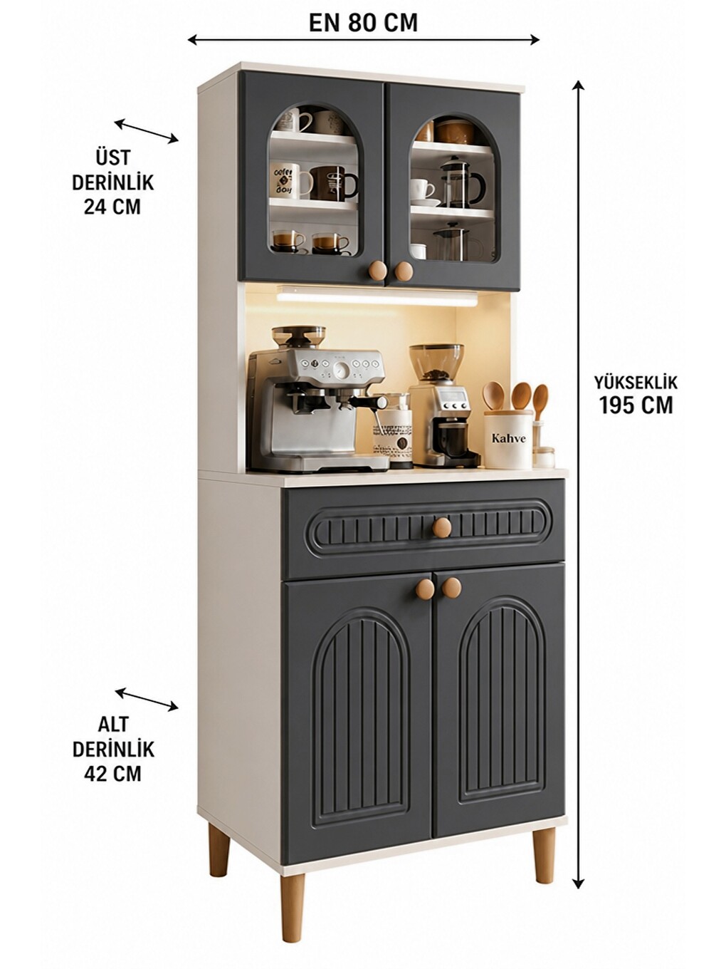 Barista Led Aydınlatmalı Kahve Köşesi Dolabı Retro Büfe 195cm Mdf Antrasit-1