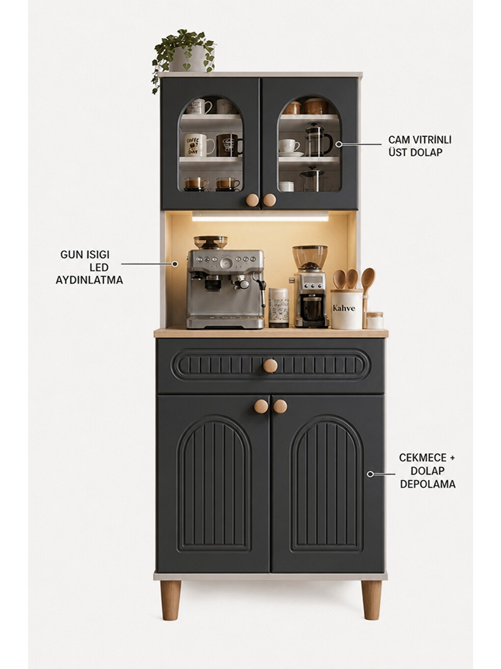 Barista Led Aydınlatmalı Kahve Köşesi Dolabı Retro Büfe 195cm Mdf Antrasit-3