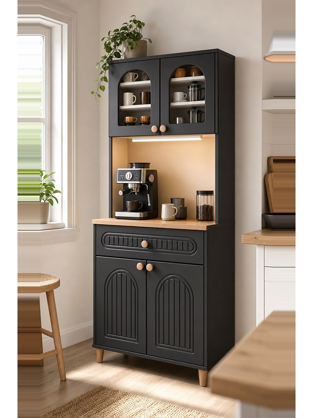 Barista Led Aydınlatmalı Kahve Köşesi Dolabı Retro Büfe 195cm Mdf Antrasit-4