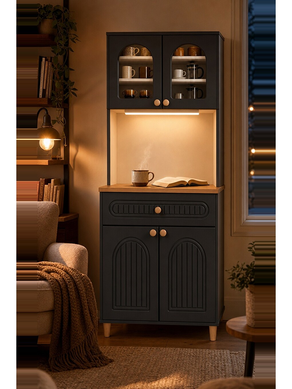 Barista Led Aydınlatmalı Kahve Köşesi Dolabı Retro Büfe 195cm Mdf Antrasit-5