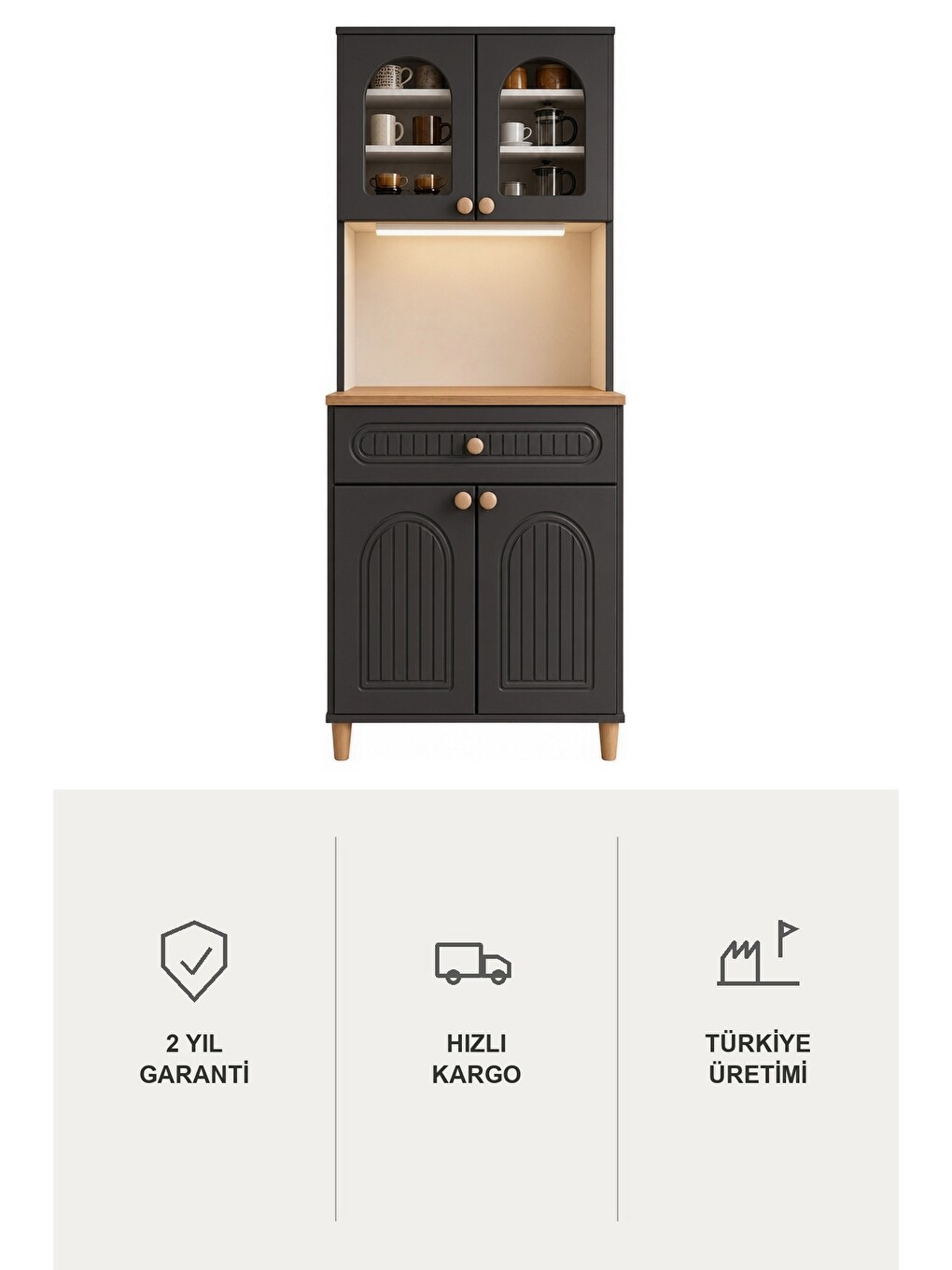 Barista Led Aydınlatmalı Kahve Köşesi Dolabı Retro Büfe 195cm Mdf Antrasit-6