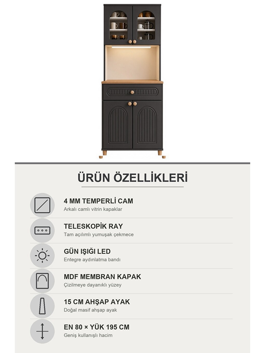 Barista Led Aydınlatmalı Kahve Köşesi Dolabı Retro Büfe 195cm Mdf Antrasit-7