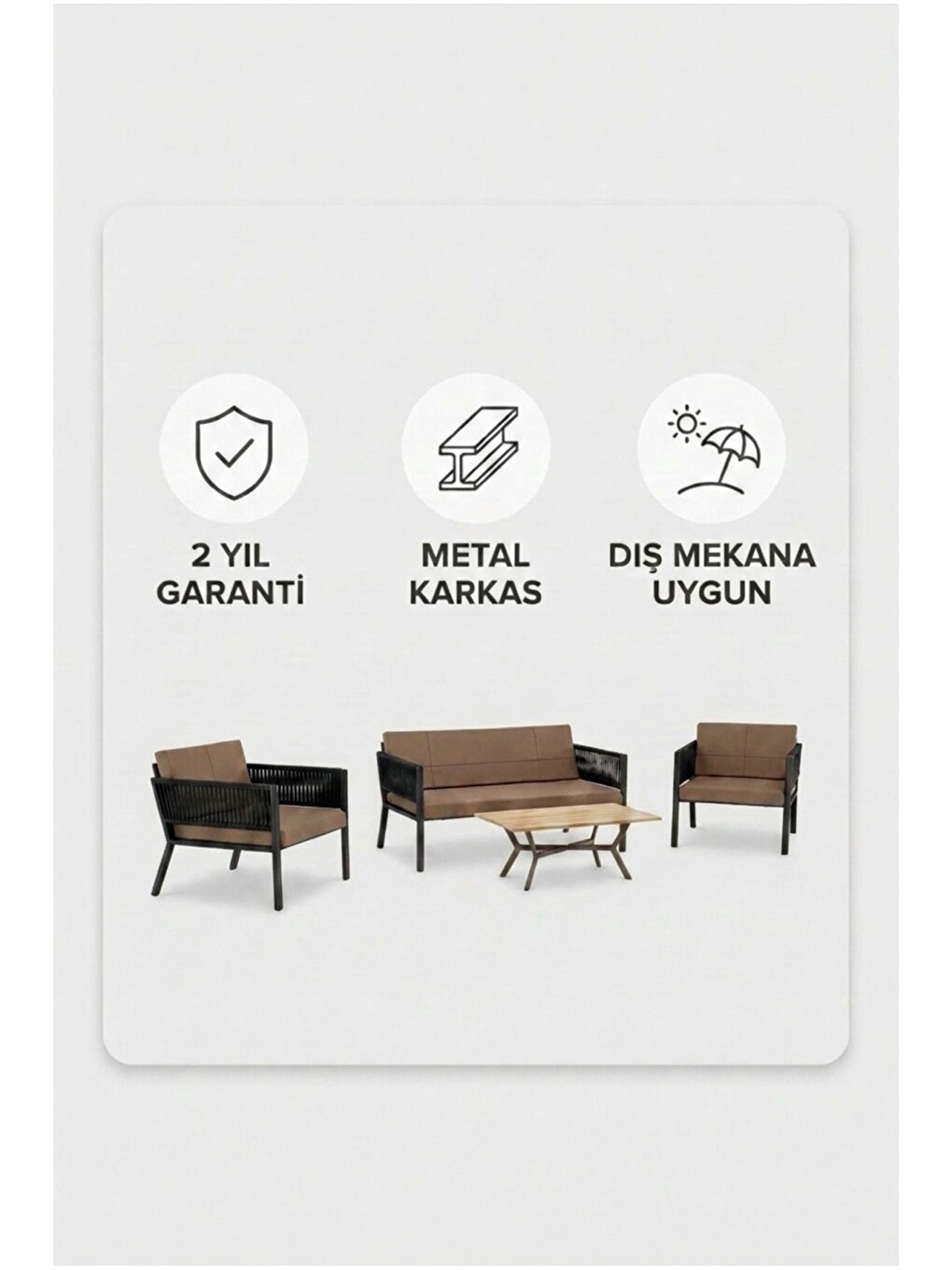 Lido Bahçe & Balkon Oturma Takımı | İp Örgü Metal Karkas, 2+2 Koltuk, Siyah-4