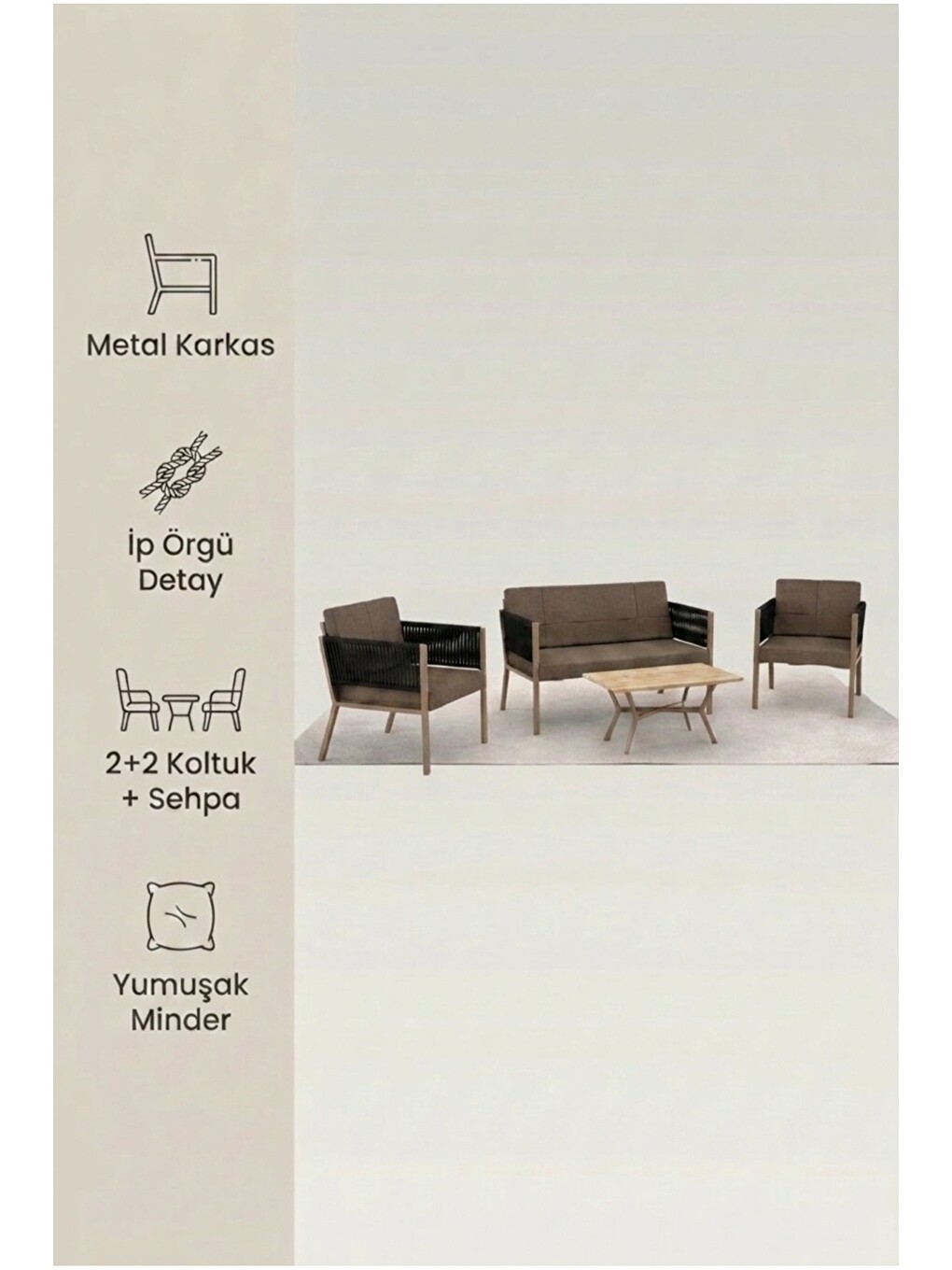Lido Bahçe & Balkon Oturma Takımı | İp Örgü Metal Karkas, 2+2 Koltuk, Siyah-5