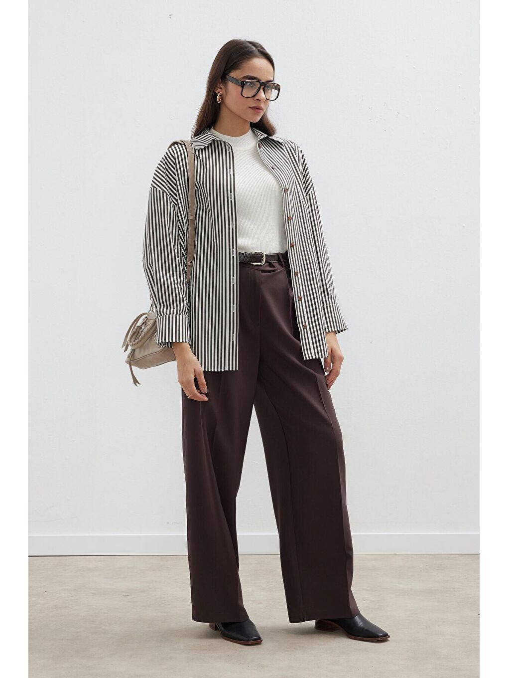 Çizgili Oversize Gömlek Kahverengi