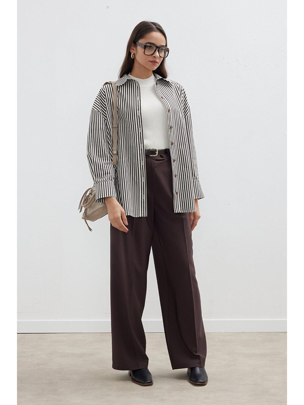 Çizgili Oversize Gömlek Kahverengi-1