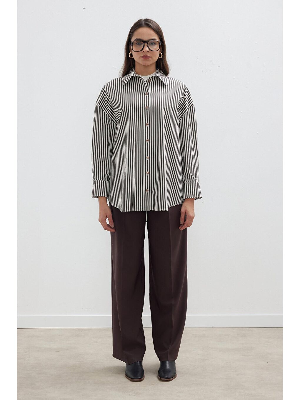 Çizgili Oversize Gömlek Kahverengi-2