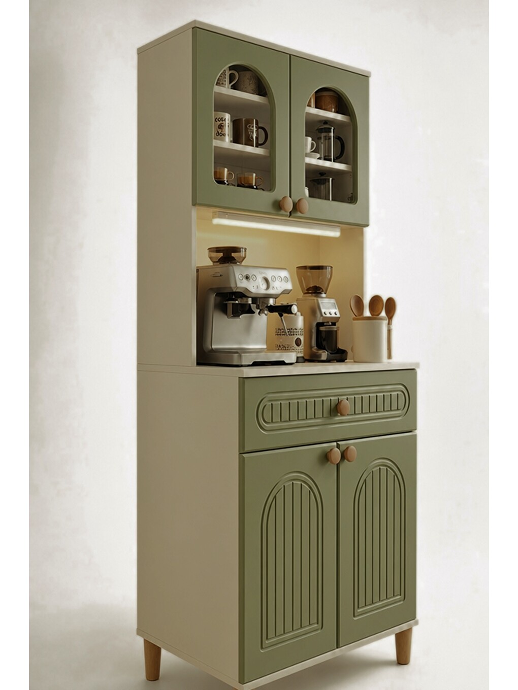 Barista Led Aydınlatmalı Kahve Köşesi Dolabı Retro Büfe 195cm Mdf Koyu Yeşil