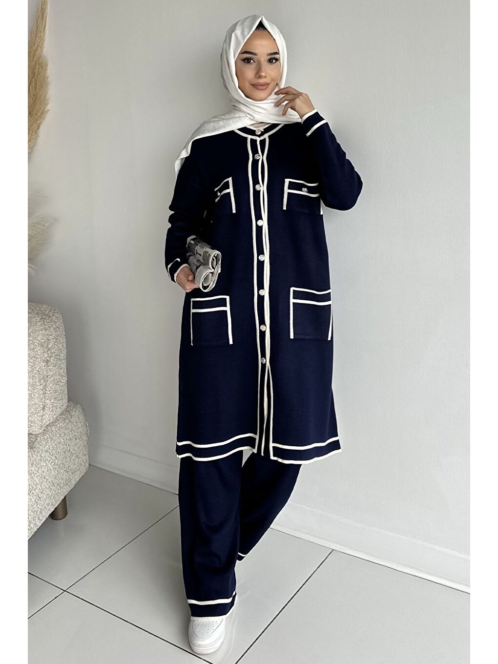 Lacivert Ön Düğmeli Tesettür Triko Hırka Bel Lastikli Pantolon İkili Takım-1